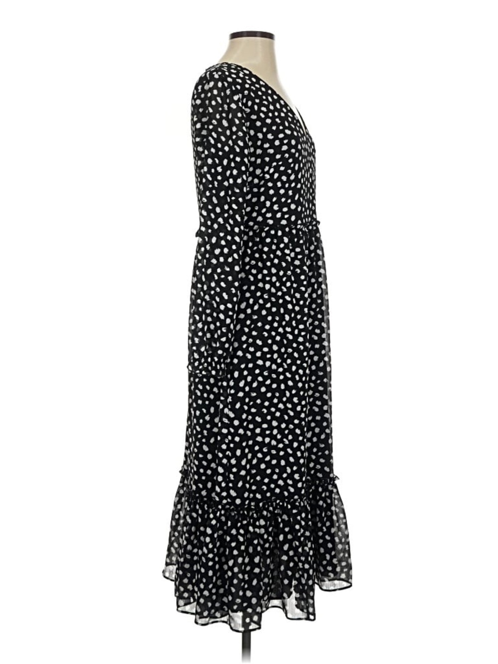 Crew Black & White Polka Dot Chiffon Midi Long Sleeve Tiered Ruffle Dress L - Picture 6 of 15